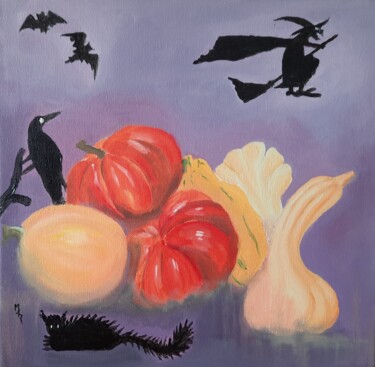 Painting titled "Halloween et cucurb…" by Maryse Curinier-Rochette, Original Artwork, Acrylic Mounted on Wood Stretcher frame