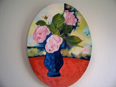 Painting titled "Les roses (hommage…" by Maryse Curinier-Rochette, Original Artwork, Oil Mounted on Wood Stretcher frame