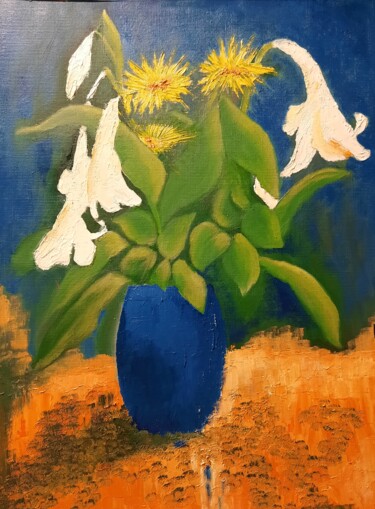 Pintura intitulada "Bouquet jaune et bl…" por Maryse Curinier-Rochette, Obras de arte originais, Óleo