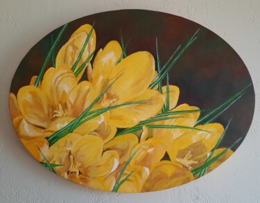 Painting titled "Éclat de crocus." by Maryse Curinier-Rochette, Original Artwork, Oil Mounted on Wood Stretcher frame