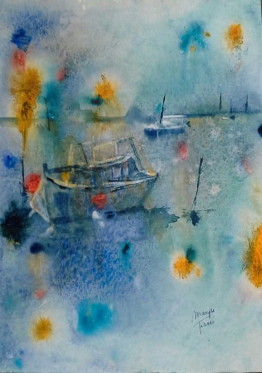 Painting titled "Blue boat" by Maryse Tisnés, Original Artwork, Watercolor