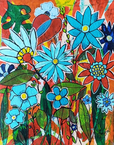 Peinture intitulée "Un peu fleur bleue…" par Marzel, Œuvre d'art originale, Acrylique