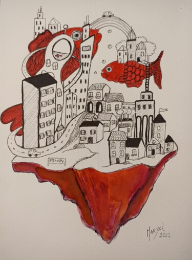 Drawing titled "Fish city" by Marzel, Original Artwork, Marker
