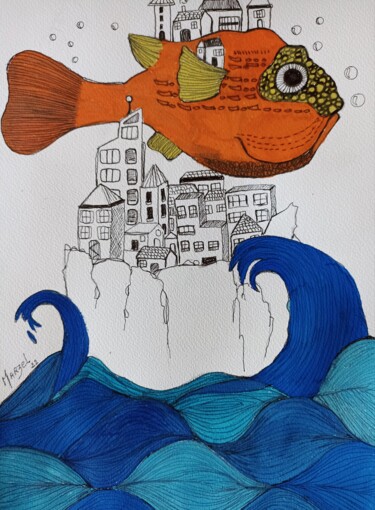 Drawing titled "L'île au poisson-vo…" by Marzel, Original Artwork, Marker