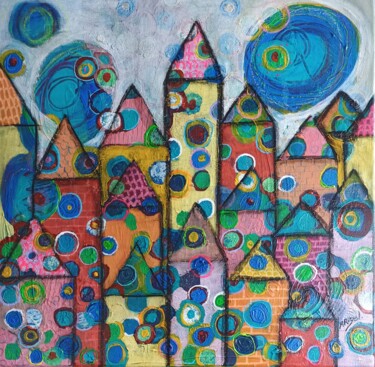 Painting titled "Petit village dans…" by Marzel, Original Artwork, Acrylic