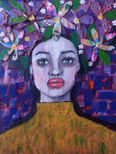 Schilderij getiteld "femme fleur" door Marzel, Origineel Kunstwerk, Acryl Gemonteerd op Frame voor houten brancard