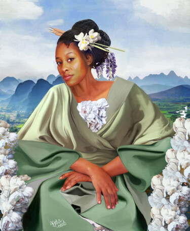 Arts numériques intitulée "femme au kimono et…" par Masa Zodros, Œuvre d'art originale, Photographie manipulée