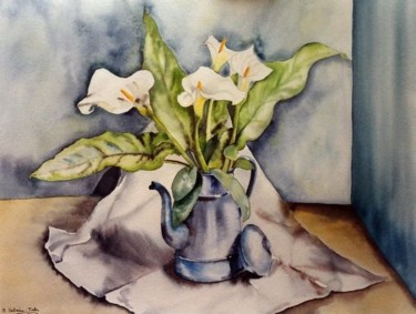 Painting titled "Arums à la cafetièr…" by Maryse Salaun-Talec, Original Artwork