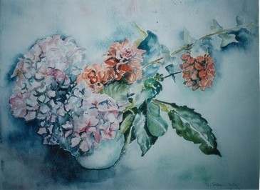 Painting titled "hortensias" by Maryse Salaun-Talec, Original Artwork