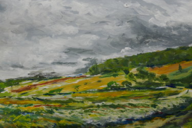 Painting titled "PAYSAGE AUX CHAMPS…" by Serge Elie, Original Artwork, Acrylic Mounted on Cardboard