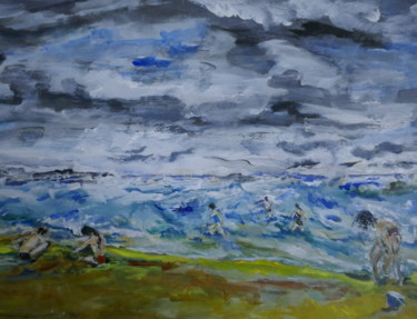 Painting titled "plage agitée" by Serge Elie, Original Artwork, Acrylic Mounted on Cardboard