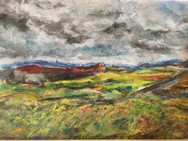 Tekening getiteld "PAYSAGE AUX CHAMPS…" door Serge Elie, Origineel Kunstwerk, Pastel Gemonteerd op Karton