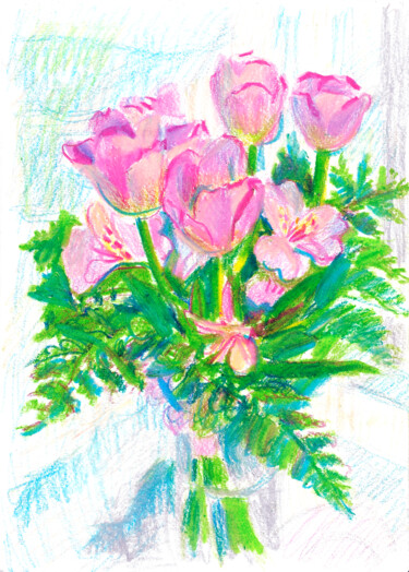 Рисунок под названием "Pink tulips" - Masha Neverova, Подлинное произведение искусства, Пастель