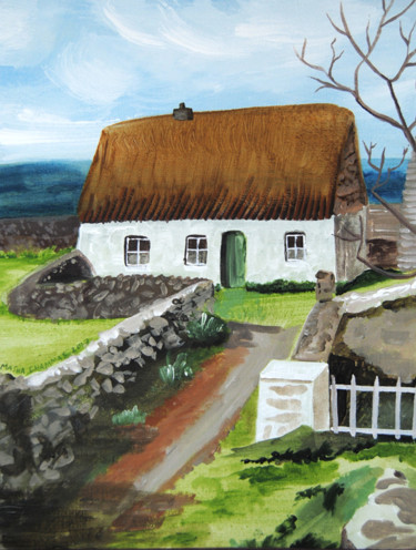 Painting titled "Irish thatched house" by Masha Chammas, Original Artwork, Acrylic