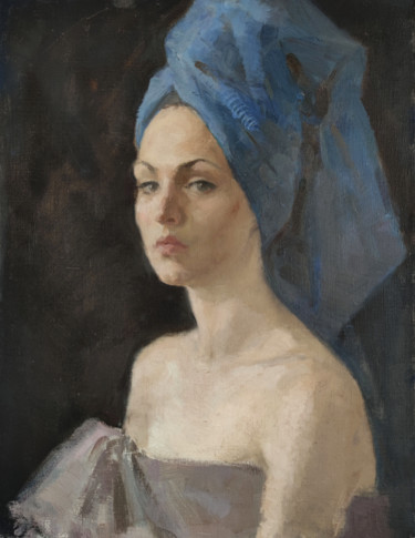 Картина под названием "A woman in blue." - Egorova Maria, Подлинное произведение искусства, Масло