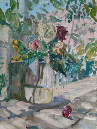 Roses and plums Peinture intitulée "Roses and plums" par Egorova Maria, Œuvre d'art originale, Huile