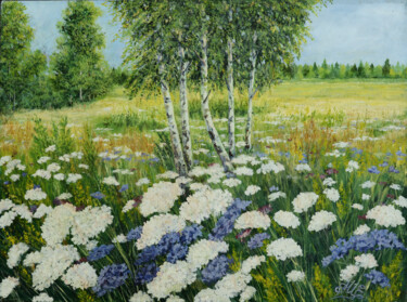 Peinture intitulée "Березы в поле" par Mashurova, Œuvre d'art originale, Huile Monté sur Châssis en bois