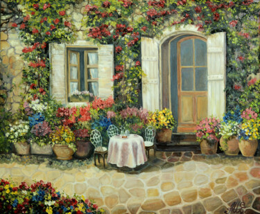 Картина под названием "Цветущий дворик" - Mashurova, Подлинное произведение искусства, Масло Установлен на Деревянная рама д…