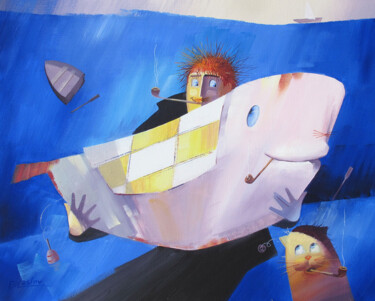 Pittura intitolato "Fishing painting "T…" da Evgeniy Maslov, Opera d'arte originale, Olio