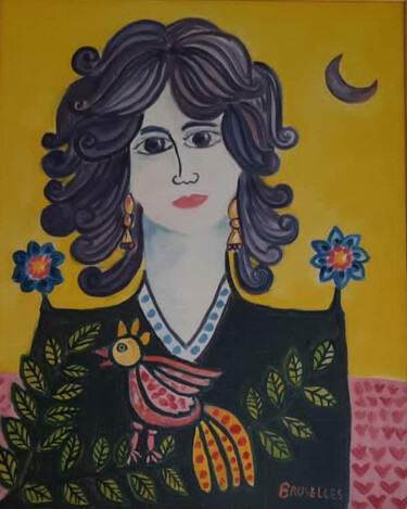 Schilderij getiteld "Donna con pappagallo" door Massimiliano Bruselles, Origineel Kunstwerk, Olie Gemonteerd op Frame voor h…