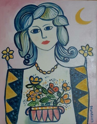 Painting titled "Ragazza con un vaso…" by Massimiliano Bruselles, Original Artwork, Oil Mounted on Wood Stretcher frame