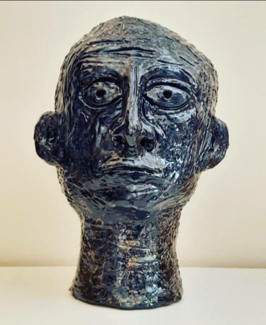 Sculpture titled "Testa blu" by Massimiliano Bruselles, Original Artwork, Ceramics