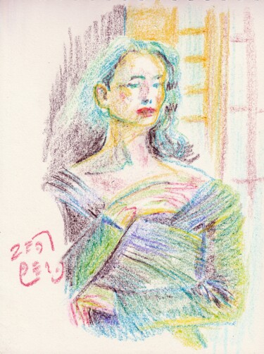 Drawing titled "woman in green dress" by Massimo Armillei, Original Artwork, Pastel