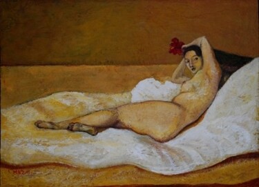 Pittura intitolato "Donna con fiore ros…" da Massimo D. Zilioli, Opera d'arte originale, Olio