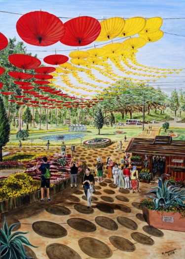 Pittura intitolato "Visita al giardino…" da Massimo Mancuso, Opera d'arte originale, Olio Montato su Telaio per barella in l…