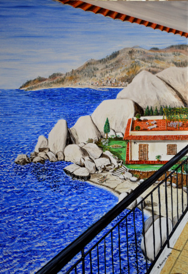 Painting titled "La villetta sul mare" by Massimo Mancuso, Original Artwork, Oil Mounted on Wood Stretcher frame