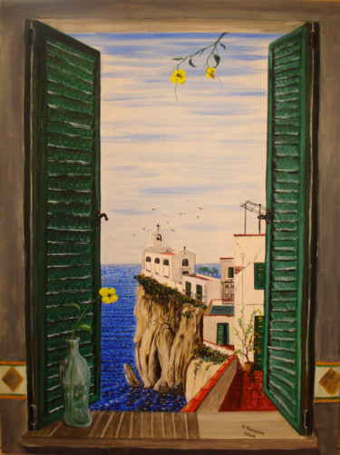 Painting titled "Vista dalla finestr…" by Massimo Mancuso, Original Artwork, Oil Mounted on Wood Stretcher frame