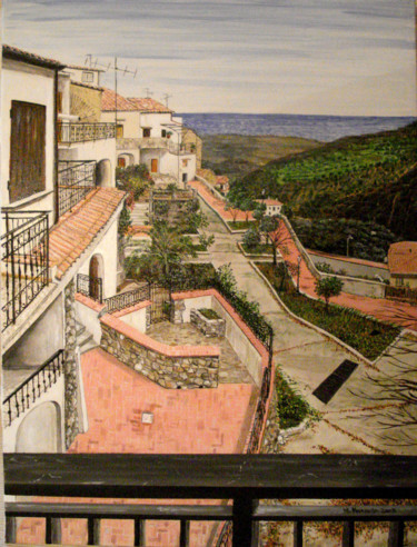 Painting titled "Vista dal balcone g…" by Massimo Mancuso, Original Artwork, Oil Mounted on Wood Stretcher frame