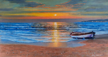 Pittura intitolato "Spiaggia con barca…" da Massimo Orsucci, Opera d'arte originale, Olio Montato su Pannello di legno