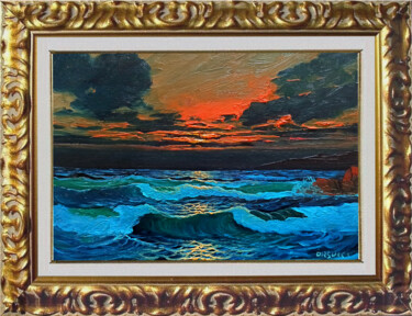 Painting titled "Sea sunset small ve…" by Massimo Orsucci, Original Artwork, Oil Mounted on Other rigid panel