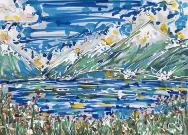Schilderij getiteld "Panorama lago di Co…" door Massimo Costantini, Origineel Kunstwerk, Aquarel