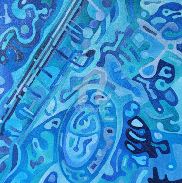 Painting titled "Sax in Blue" by Massimo Rubbi, Original Artwork, Oil Mounted on Wood Stretcher frame
