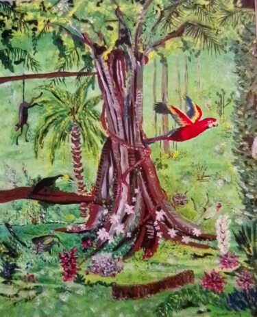Painting titled "Jungle" by Sandrine Massonnet, Original Artwork, Oil