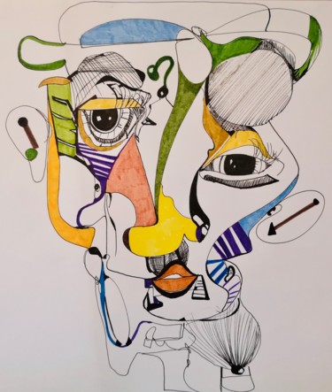 Zeichnungen mit dem Titel "Portrait décousu" von Stéphane Massoutier, Original-Kunstwerk, Marker