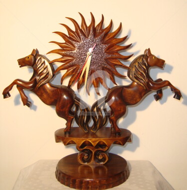 Sculpture titled "Two horses with sun" by Angel Dobrev, Original Artwork, Wood