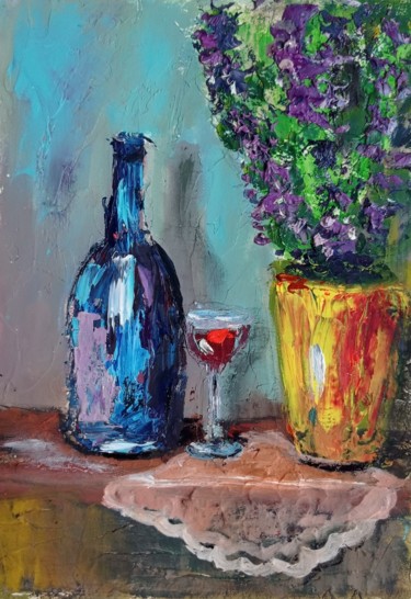 Картина под названием "Вино и лаванда натю…" - Yuliya Hmeleva, Подлинное произведение искусства, Масло