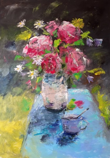 Картина под названием "Розовые пион Весенн…" - Yuliya Hmeleva, Подлинное произведение искусства, Масло