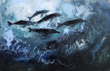 Ζωγραφική με τίτλο "Дельфины Подводный…" από Yuliya Hmeleva, Αυθεντικά έργα τέχνης, Λάδι