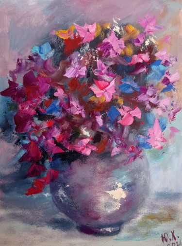 Картина под названием "Цветы в сиреневой в…" - Yuliya Hmeleva, Подлинное произведение искусства, Масло