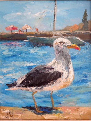 Malerei mit dem Titel "Море Чайка Причал" von Yuliya Hmeleva, Original-Kunstwerk, Öl