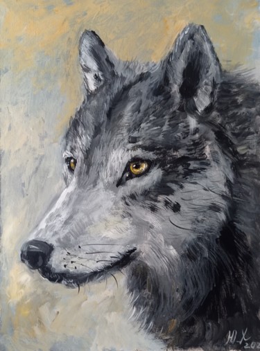 Картина под названием "Волк тотем" - Yuliya Hmeleva, Подлинное произведение искусства, Темпера