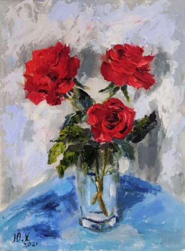 Картина под названием "Алые розы" - Yuliya Hmeleva, Подлинное произведение искусства, Масло