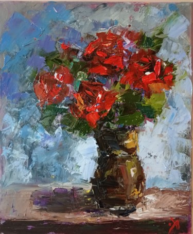 Painting titled "Букет красных роз" by Yuliya Hmeleva, Original Artwork, Oil