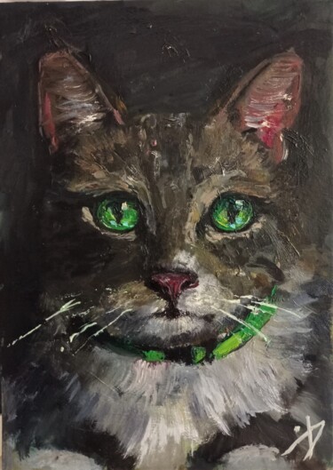 Картина под названием "Зеленоглазый кот" - Yuliya Hmeleva, Подлинное произведение искусства, Масло
