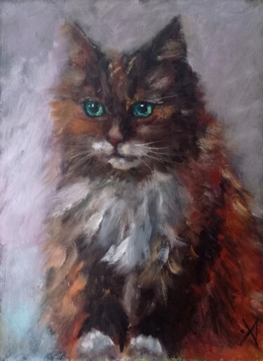 Painting titled "Огненная кошка" by Yuliya Hmeleva, Original Artwork, Oil