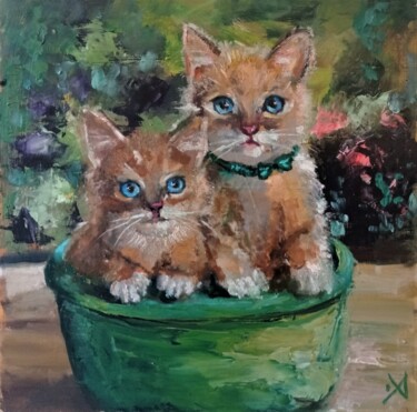 Peinture intitulée "Котята в саду" par Yuliya Hmeleva, Œuvre d'art originale, Huile